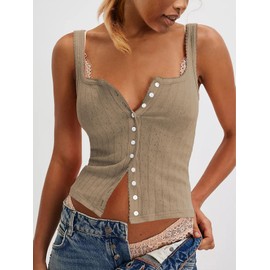 Outfeel Women Button Down Tank Tops Summer Sleeveless Vest Tops Trendy Scoop Neck Cute Y2K Camisole Shirt Khaki S