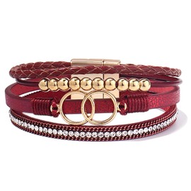 FANCY SHINY Boho Wrap Bracelets Leather Cuff Bangle Gold Beaded Bracelets for Women Stackable Infinity Bracelets Jewelry with Clasp(Burgundy)