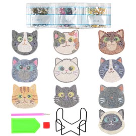 YILANJIN Pack of 10 Cat Diamond Painting Coasters with Holder, DIY Diamond Art Painting Coaster Kits, Coasters for Birthday Parties, Creative Coasters for Children