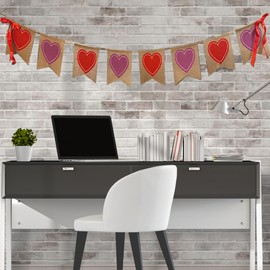 Valentines Heart Banner, Burlap Bunting with Red and Magenta Hearts, Rustic Home Decor, 8 Heart Flags with Red Bows, PRE-Strung, NO DIY