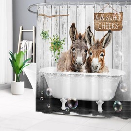 ECOTOB Funny Donkey Shower Curtain for Bathroom, Rustic Farmhouse Animals Green Plant on Grey Board Bathroom Curtain, Hello Sweet Cheeks Shower Curtain Polyester Fabric with Hooks, 72L X 72W Inches
