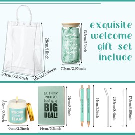 Thenshop 6 Pcs Welcome to the Team Gifts Bulk for New Employee Inspirational Glass Tumbler Notebook Pens Scented Candle with PVC Bag Employee Appreciation Gift Set for New Coworker Office (Sage Green)