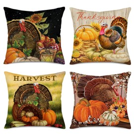 Easternproject Thanksgiving Turkey Pumpkin Throw Pillow Cover 18x18 Inch Set of 4 Vintage Fall Harvest Sunflower Autumn Farmhouse Decorative Pillow Cases Cotton Linen Cushion Cover for Sofa Couch