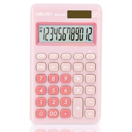 Deli Standard Function Basic Calculator, 12 Digit Desktop Calculator with Large LCD Display, Solar Battery Dual Power Office Calculators, Pink