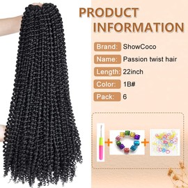 ShowCoco ShowCoco Passion Twist Hair 22 Inch Water Wave Crochet Hair 6 Packs Passion Twists Braiding Hair Long Bohemian Synthetic Hair Passion Twist Hair Extensions(22inch, #1B)