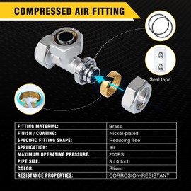 2PCS 3/4" Tee Air Piping Fittings, 3/4" Tubing x 3/4" Tubing x 3/4" Tubing, Brass-Nickel Plated, 200PSI Working Pressure, Air Line Fittings for Shop Garage Compressed Air Tube System