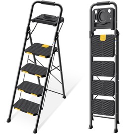 KINGRACK 4 Step Ladder with Tool Platform, Folding Step Stool with Wide Pedal, Safety Locking, Sturdy Steel Ladder Portable Safety Ladder for Painting Home Outdoor Garage