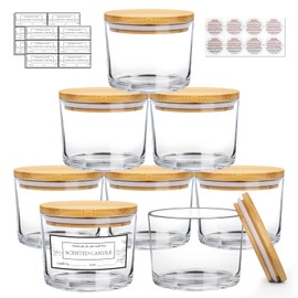 CONNOO 8 Pack 12 OZ Clear Glass Wide Mouth Candle Jars for Making Candles with Airtight Bamboo Lids Nice Sticky Warning Labels for Candle Making Empty Container Bulk - Dishwasher Safe