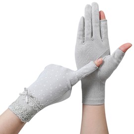 Umeloeo Women's Lace Gloves, Summer, Stylish, Ribbon, Floral Pattern, Lace Gloves, Short, UV Protection, Sun Protection, For Weddings, Brides, Bicycles, Driving, lace grey