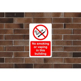 No smoking or vaping in this building safety sign- 1.2mm Rigid plastic for indoor/outdoor usage (200mm x 150mm) Viewing Distance within 5m.
