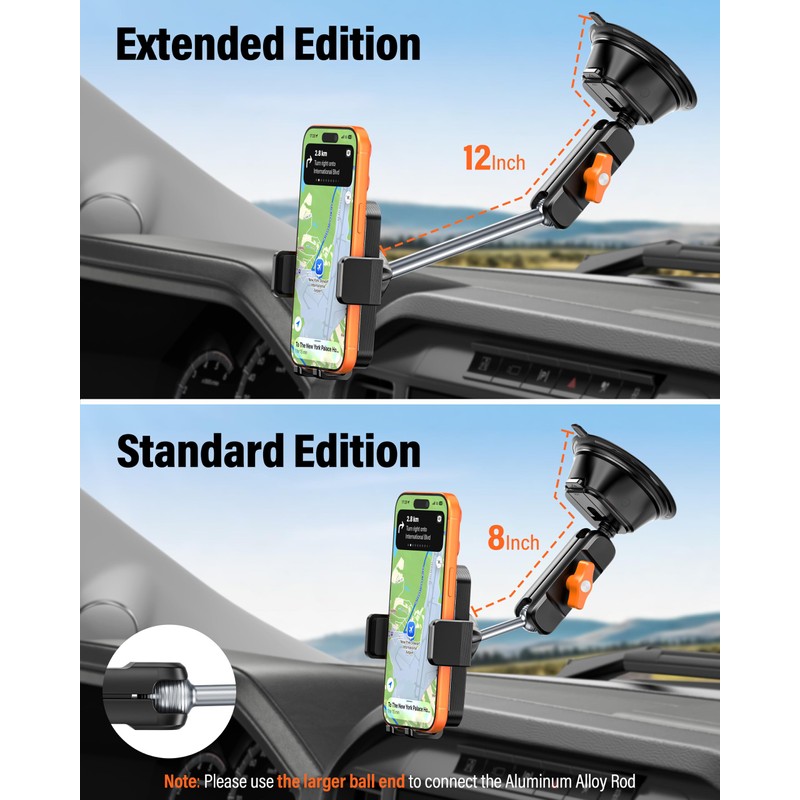 A2C 12" Anti-Shake Metal Arm Windshield Phone Mount, Suction Phone