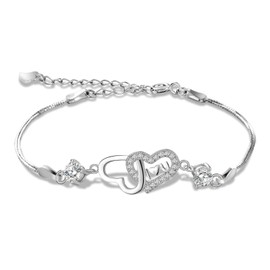 LAXPICOL S925 Sterling Silver Bracelet For women,Shiny Cubic Zirconia Silver Bracelet For Women, Adjustable Heart Bracelet For Women/Her/Mum