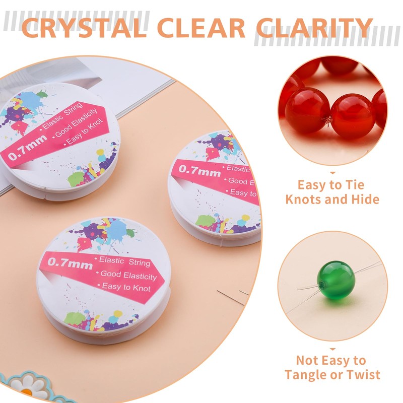 0.7mm/4 Rolls Elastic String for Bracelets, 50M Clear Bracelet String,