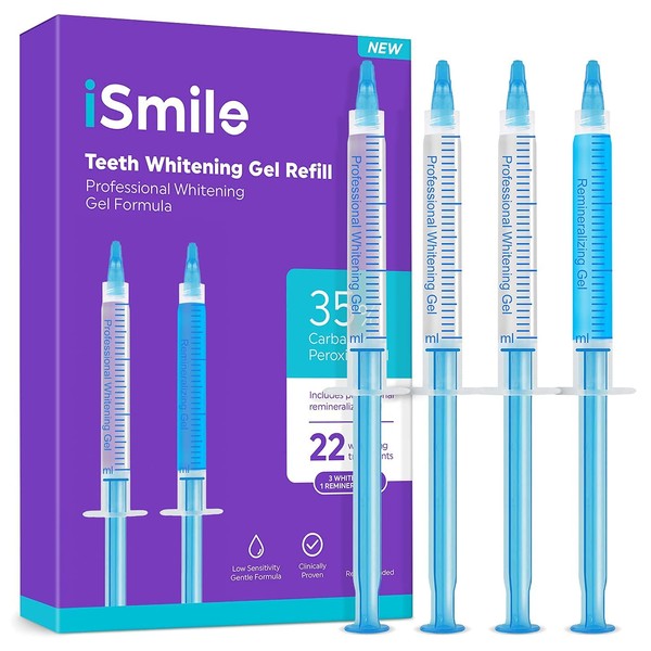 iSmile Teeth Whitening Gel Syringe Refill Pack - (3) 3ml Whitening Gel Syringes, (1) Remineralization Gel Syringe, No Sensitivity, Premium Quality, Use with LED Light and Trays