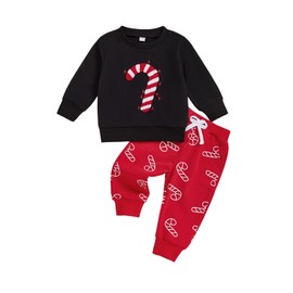 MAHUAOYIXI Toddler Boys Christmas Outfits Long Sleeve Candy Cane Embroidery Sweatshirt Pullover and Elastic Waist Sweatpants 2Pcs Tracksuit Set Baby Boy Christmas Clothes (Black, 6-12 Months)