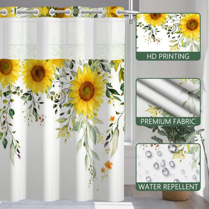 NAEMBCU No Hook Sunflower Shower Curtain with Snap in Liner