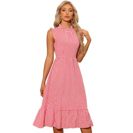 Allegra K Women's Checked Dress for Sleeveless Dresses with Stand-Up Collar and Ruffles, red