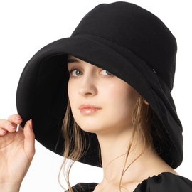 L o o & c Women's Hat, Large Size, Wide Brim, Cooling Sensation, Retro Bucket Hat, Cute & Playfully Oversized, Full Light Blocking, UV Protection, Spring, Summer, Foldable, Chin Strap Included, Black
