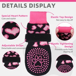 KOOLTAIL Anti Slip Dog Socks for Hot/Cold Pavement to Prevent Licking Paws, Dog Boots&Paw Protector with Grippers for Hardwood Floors,Pink Heart Valentine's Socks Booties for Small Medium Large Dogs M