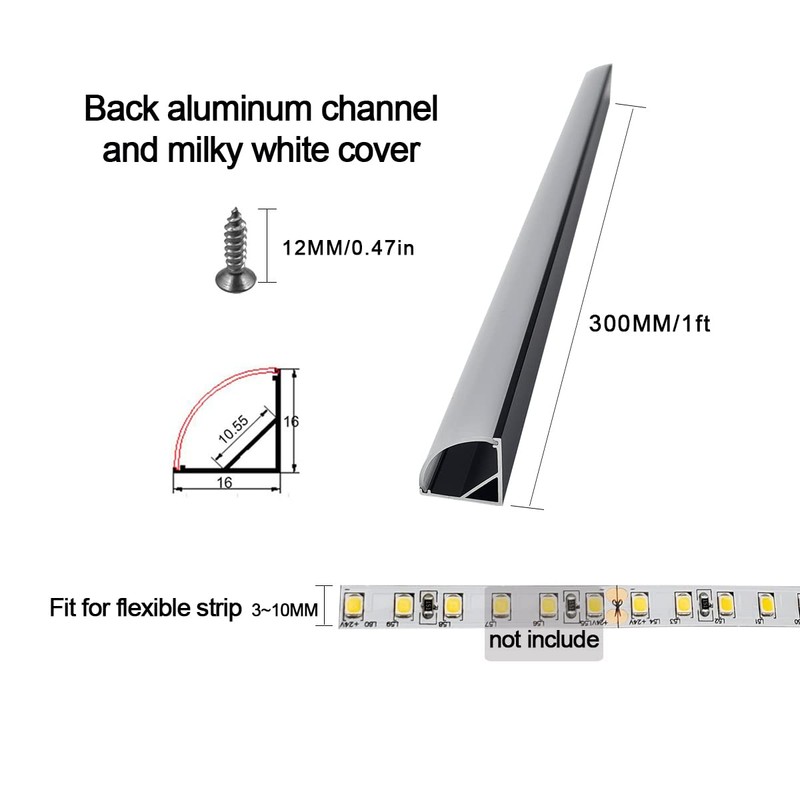 HAMRVL 6-Pack 30cm/1ft Led Channel Diffuser Black Aluminum with Mliky