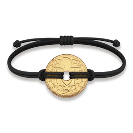 HOBBY OF KINGS Good Luck Coin Bracelet | Black String Thread Wristband | France Coin 10 Centimes | 18k Gold Plated Fortune Wealth & Protection | Size: M