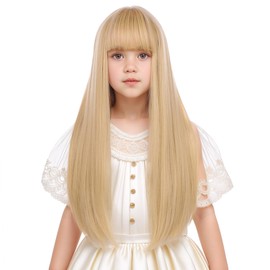 Edivd Girls Gold Blonde Wig Long Blonde Wig with Air Bangs for Kids Children Straight Wigs Heat Resistant Synthetic Wigs with Cap