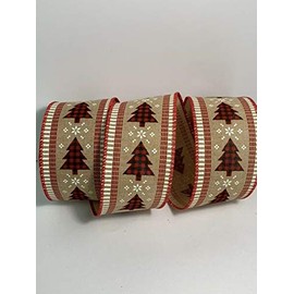 MIABE Ribbons Supplies for 10 Yds - 2 1/2” Wired Beige Faux Linen Ribbon with Check Christmas Trees for DIY Craft, Gift Wrapping, Christmas Wreaths Decoration.
