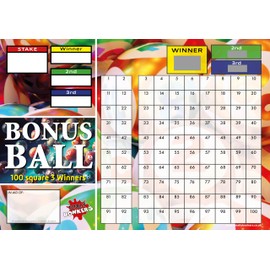 Totally Bonkers - Bonus Ball x3 Winners Fundraising Scratch Cards - 100 SQUARE - A3 (420x297mm) - 1 Card - TB0123 - Blind Card