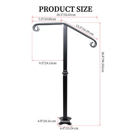 Handrail Railing, Single Post Handrail, Stair Railing for Concrete, Sturdy Handrails with Base, Wrought Iron Stair Handrail for 1 or 2 Steps, Grab Rail for Steps Porch, Railings for Outdoor Step