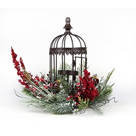 Homelux Christmas Candleholder Centerpiece Birdhouse with Snowy Red Berries and Greenery