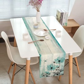 Teal Flower Table Runner, Vintage Farmhouse Country Floral Rustic Wood Table Runners for Dining Room, Kitchen, Living Room, Holiday and Party Table Decor 13 x 108inch