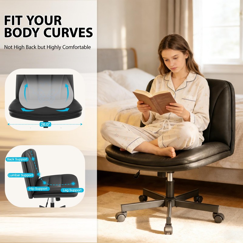 Prime Criss Cross Office Chair, Comfy Wide PU Leather Armless