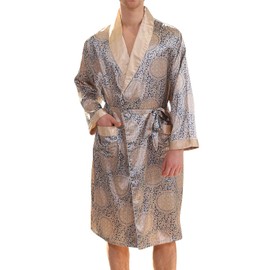 Haseil Men's Luxurious Kimono Robe with Shorts Silk Satin Bathrobes Lightweight Long Sleeve Sleepwear Set, Blue, TagsizeXL=USsizeS
