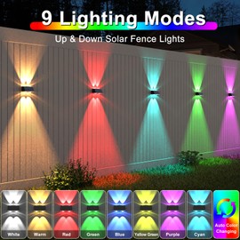 LANSOW Solar Fence Lights 8 Pack, Solar Powered Lights Outdoor Waterproof, 9-Mode Warm/Cool White & RGB Up-Down Led Spot Wall Lights Dusk to Dawn Decor for Backyard, Deck, Patio, Pool, Railing(Black)