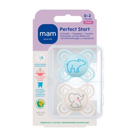 MAM Perfect Start Mini Dummy Set of 2, 0-2 Months Especially for Newborns, Breastfeeding-Friendly, Dento-Flex, for Healthy Mouth Development, Extra Thin, Snuller Box + NIP Dummy Strap with Clip