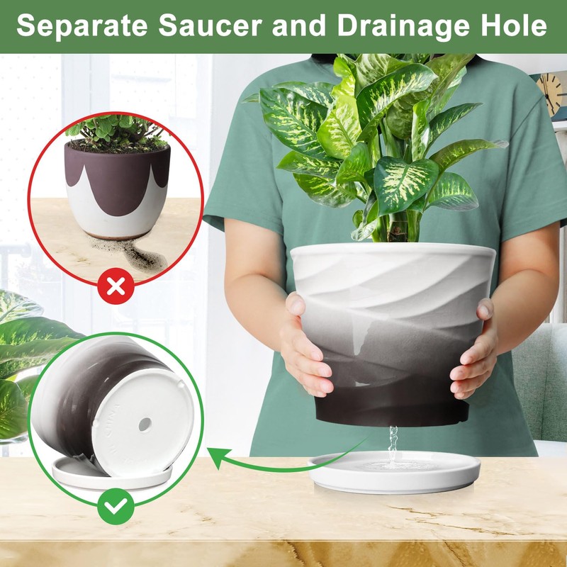 YUFDA 8 Inch Plant Pot,Ceramic Planter with Drainage and Saucer,Ceramic