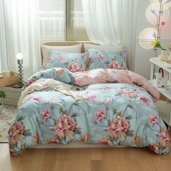 VClife Blue Floral Duvet Cover Twin Vintage Comforter Cover with Zipper, Shabby Chic Pink Rose Leaf Pattern Quilt Cover Sets, 1 Twin Size Duvet Cover and 2 Pillow Cases, Breathable, Ultra Soft