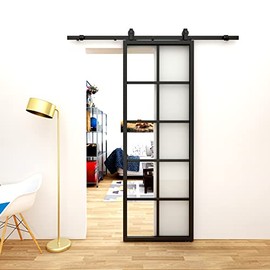 JUBEST DIY Glass Sliding Barn Door, 30in x 84in Modern French Door, Sturdy 5-Lite Clear Tempered Glass Aluminum Frame Sliding Closet Kitchen Door, Easy Assembly