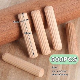Faankiton 500 Pieces Wooden Dowel Pins 6x30mm, Straight Grooved Wooden Dowel with Bevelled End, Fluted Hardwood Wooden Dowel Pins, Fluted Wooden Dowel for Crafts, Furniture, etc.
