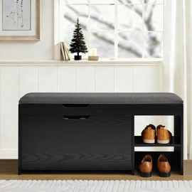 Shoe Storage Bench with Flip Drawers & Lift Top Storage Box, Entryway Bench with Seat Cushion, 3-Tier Short Shoe Cabinet with Adjustable Shelves for Entryway, Hallway, Living Room, Mudroom, Black