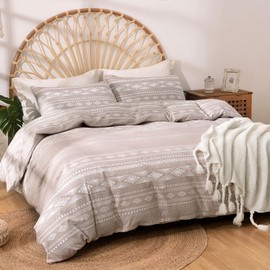 Lekesky King Size Duvet Cover Sets Bohoemian Bedding Set, Khaki Stripe Printed King Size Bedding Sets (1x Duvet Cover, 2x Matching Pillowcase) Microfiber King Size Duvet Cover 230x220 cm