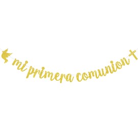 Mi Primera Comunion Banner, Spanish First Communion Sign, My Baptism - Religious Confirmation, Wedding, Baby Shower Party Decorations, Gold Glitter