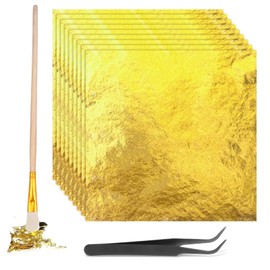 MZOYOURO Blattgold Imitation, 100 Blatt Goldflocken für Nägel, strukturpaste,blattgold essbar für torten, Möbel Dekoration with Tweezers and Brushes(14x14cm)