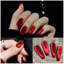 AHAMIOU Crystal Cat Eye Gel Polish Kits Magnetic Nail Polish Set Holographic Cats Eyes Gel Nail Polish Shiny Diamond Glitter Gel with Magnet Stick (Ruby Red)