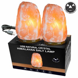 2PCS 100% Natural Pure Himalayan USB LED Salt Lamp Healing Ionizing Pink Crystal Rock Hand Crafted Air Purifier Night Light & Gifts Wooden Base Home Decoration Table Lamp