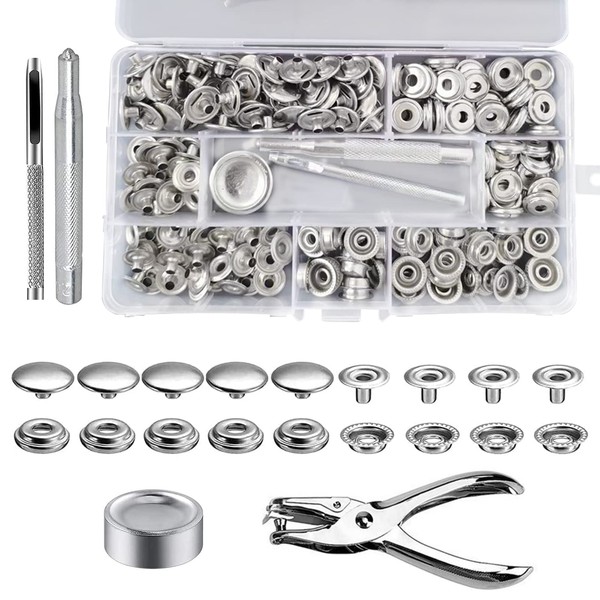 Snap Fastener Kit, 200 Sets 15mm Metal Sew-on Snap Fasteners Stainless Steel Snap Button Press Stud Cap with Pliers and 3 Setting Tools for Leather Fabric Canvas Bags Jeans Clothes