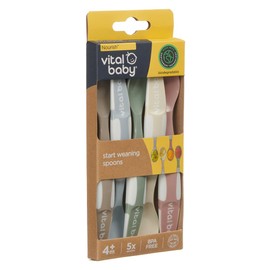 Vital Baby Nourish Baby & Toddler Weaning Spoons 5pk 4m+, Soft, Shallow Spoon Bowls, Easy Grip Handles, EarthSmart Biodegradable, BPA-Free & Gentle on Gums