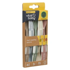 Vital Baby Nourish Baby & Toddler Weaning Spoons 5pk 4m+, Soft, Shallow Spoon Bowls, Easy Grip Handles, EarthSmart Biodegradable, BPA-Free & Gentle on Gums