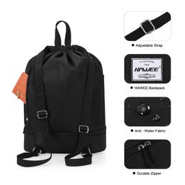 HAWEE Waterproof Drawstring Backpack with Inner Pocket Large Gym Bag Drawstring Daypack Drawstring Bag Sports Bag Unisex for Women Men Travel Everyday School Outdoor Yoga Swimming Beach, Black (black