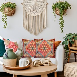 AMZIJURI Persian Carpet Pattern Boho Throw Pillow Covers 18x18, Set of 2 – Double Sided Soft Velvet Mandala Elegance Floral Accent Cushion Covers for Sofa, Couch, Living Room Outdoor Décor (Pink)